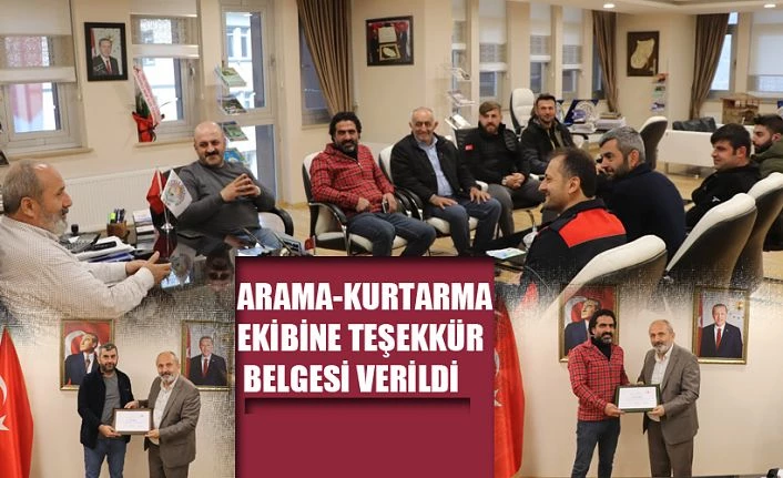 ARAMA KURTARMA EKİBİNE TEŞEKKÜR BELGESİ